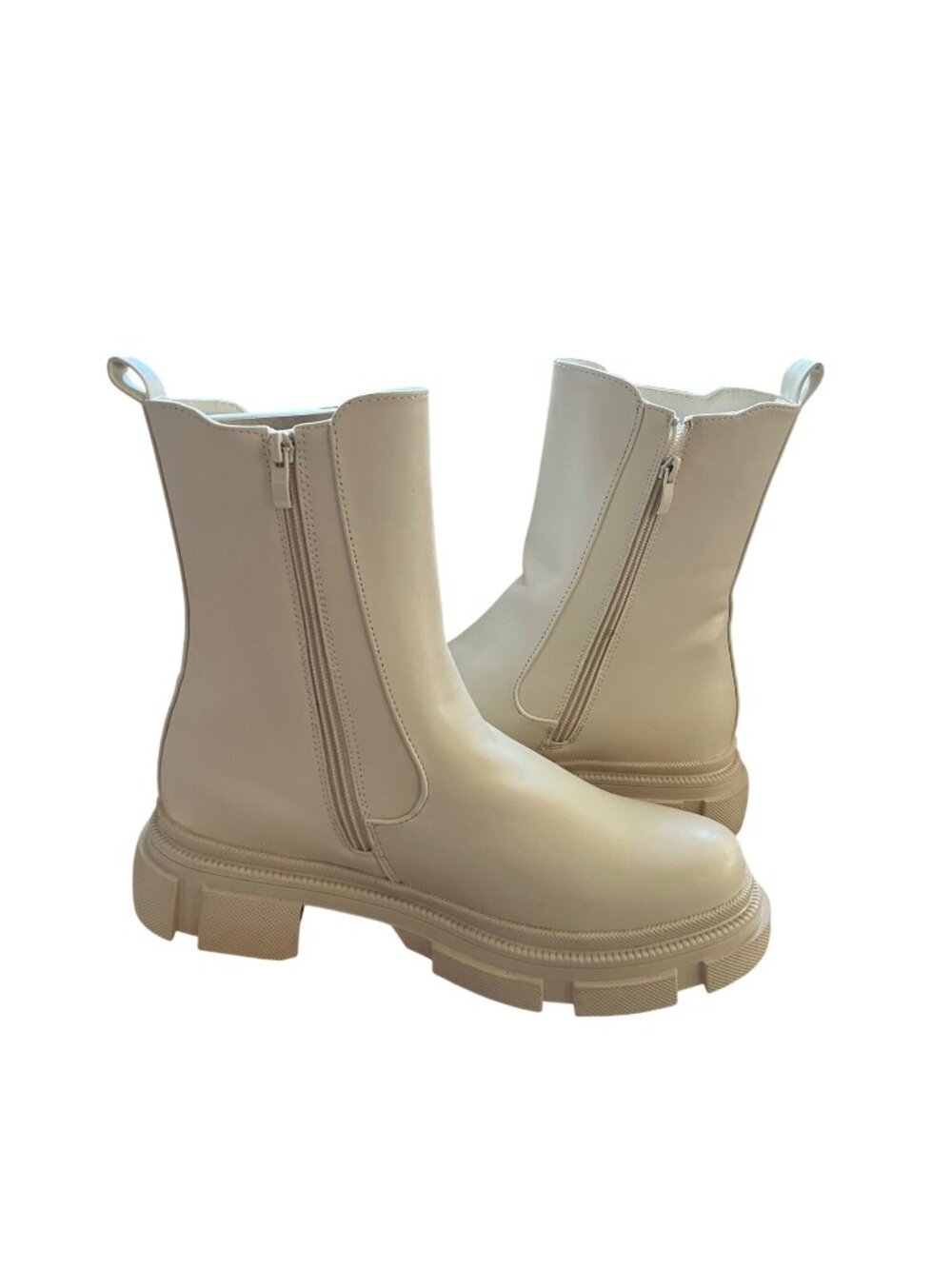 Chunky Sole Chelsea Boots Zara Size 9 Cream Faux Leather Mid Calf Combat Booties